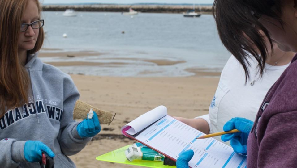 Students at a beach cleanup